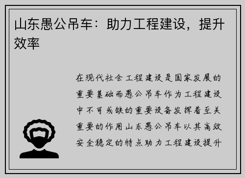 山东愚公吊车：助力工程建设，提升效率
