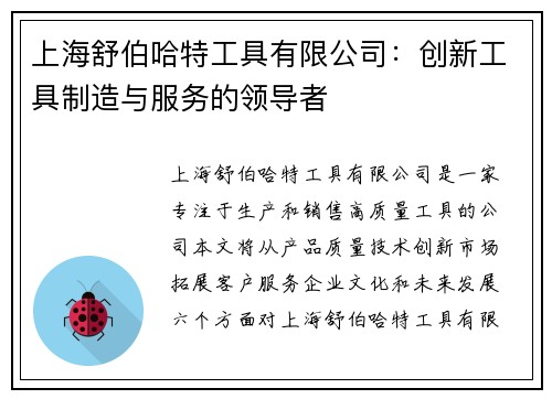 上海舒伯哈特工具有限公司：创新工具制造与服务的领导者